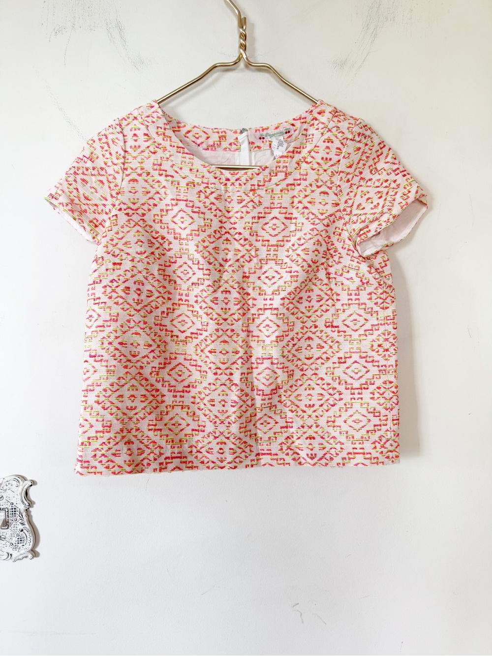 Bonpoint Bright Colorful Aztec Geometric Embroidered Short Sleeve Top 10 - 12